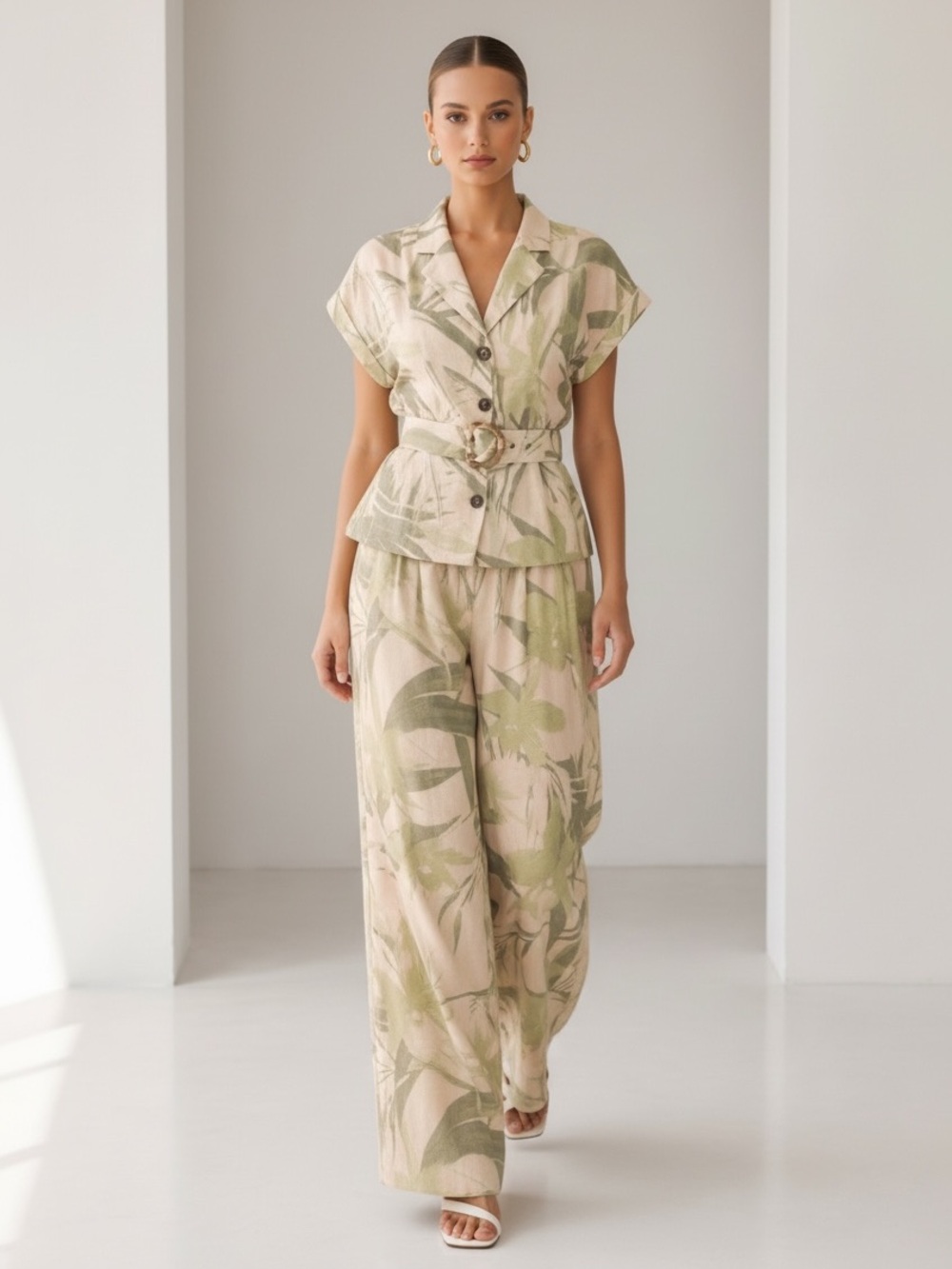 1409 • Green/Ivory Rayon Blend Tropical Print Wide Leg Pants Belted 2 Piece Set